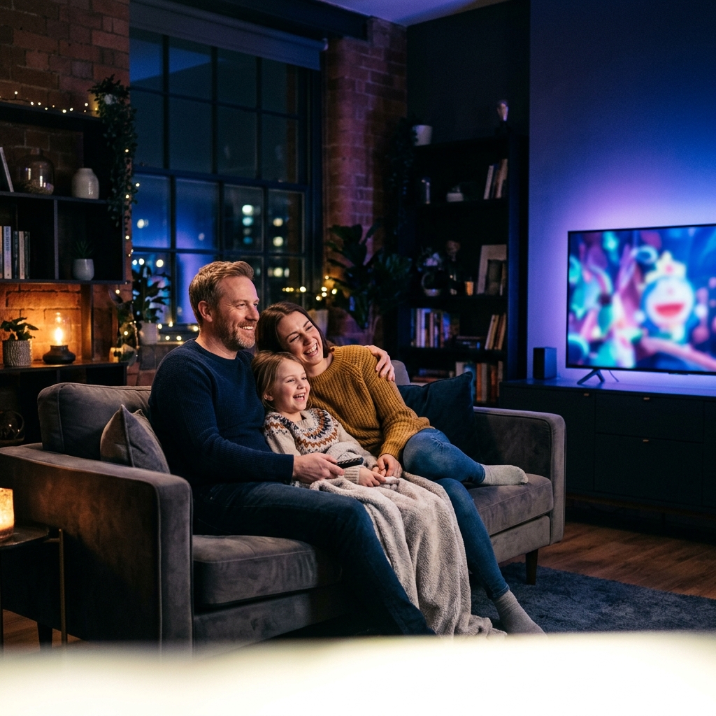 Family watching aurextv IPTV on TV